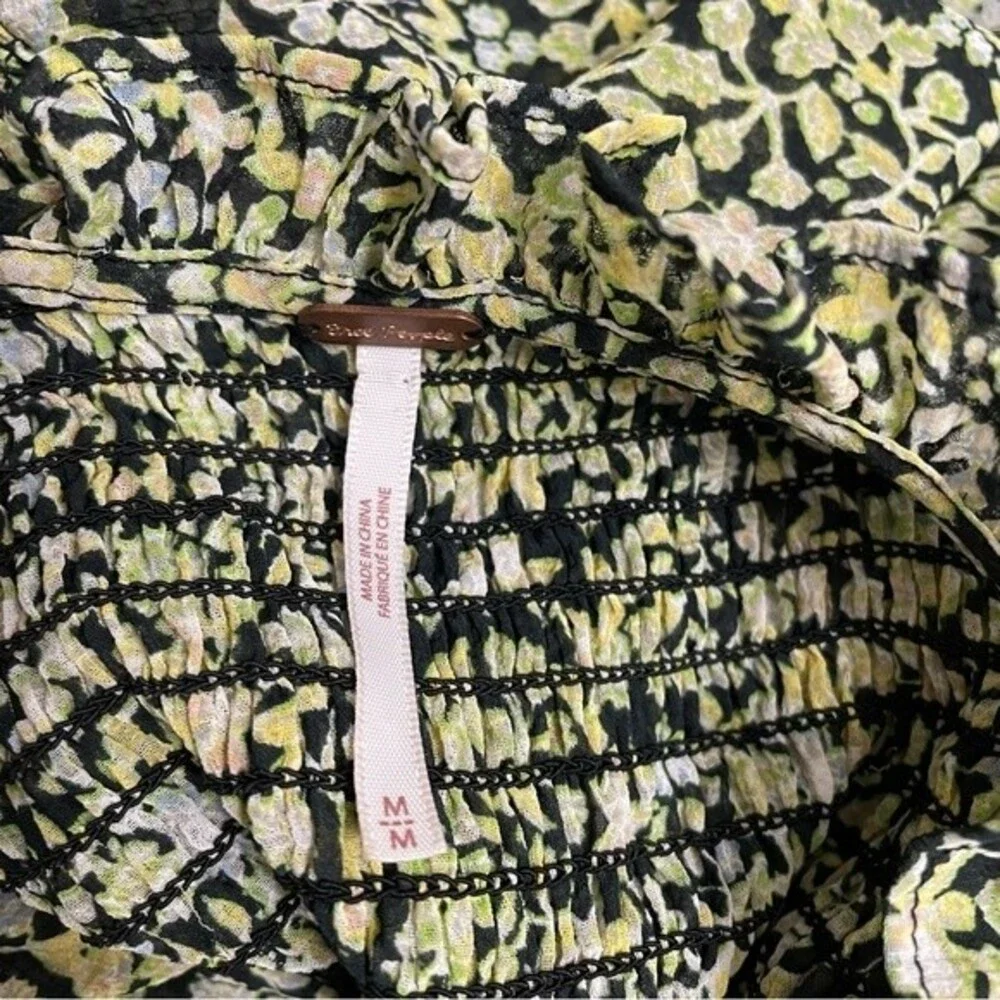Free People Lela Blouse Floral Black & Green Flowy Boho Tie Neck Top Size Medium